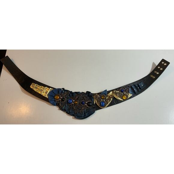 80s Nina Arjani Medium Leatherock Belt Black Blue Gold Leather - Picture 2 of 7
